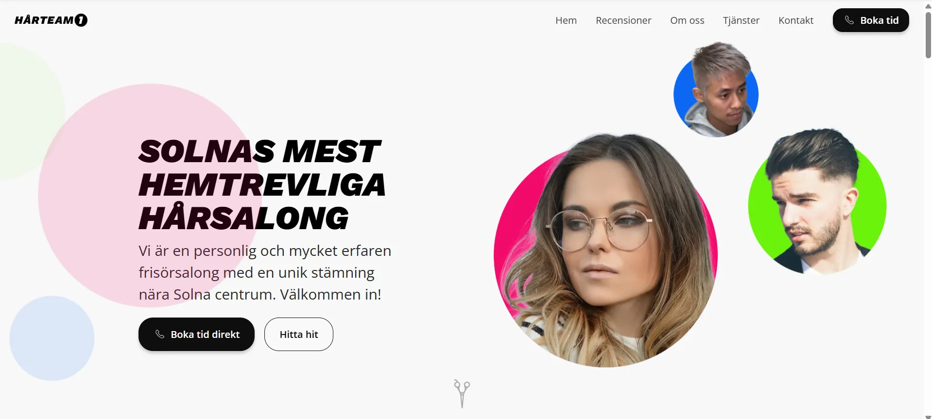 Hårteam1:s webbplats skärmbild