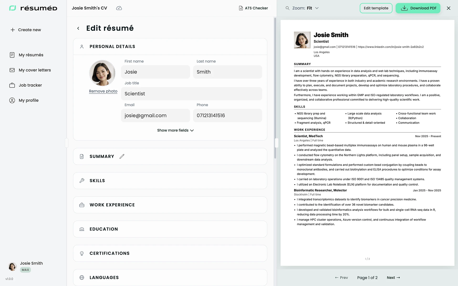 Résuméd:s webbplats skärmbild